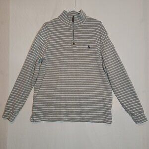 Polo Ralph Lauren Quarter Zip Sweater Striped Grey‎ White Mens Size L Pullover
